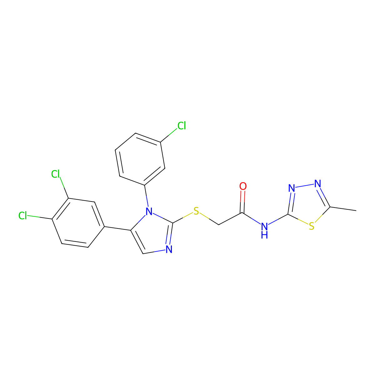 2-((1-(3-chlorophenyl)-5-(3,4-dichlorophenyl)-1H-imidazol-2-yl)thio)-N-(5-methyl-1,3,4-thiadiazol-2-yl)acetamide molecular structure, CAS 1207047-08-2