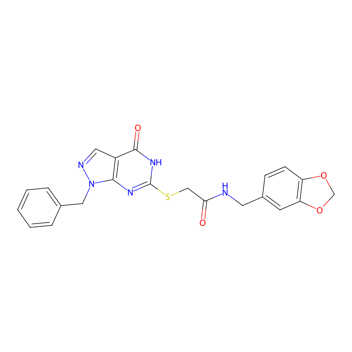 N-(benzo[d][1,3]dioxol-5-ylmethyl)-2-((1-benzyl-4-oxo-4,5-dihydro-1H-pyrazolo[3,4-d]pyrimidin-6-yl)thio)acetamide molecular structure, CAS 1207047-20-8