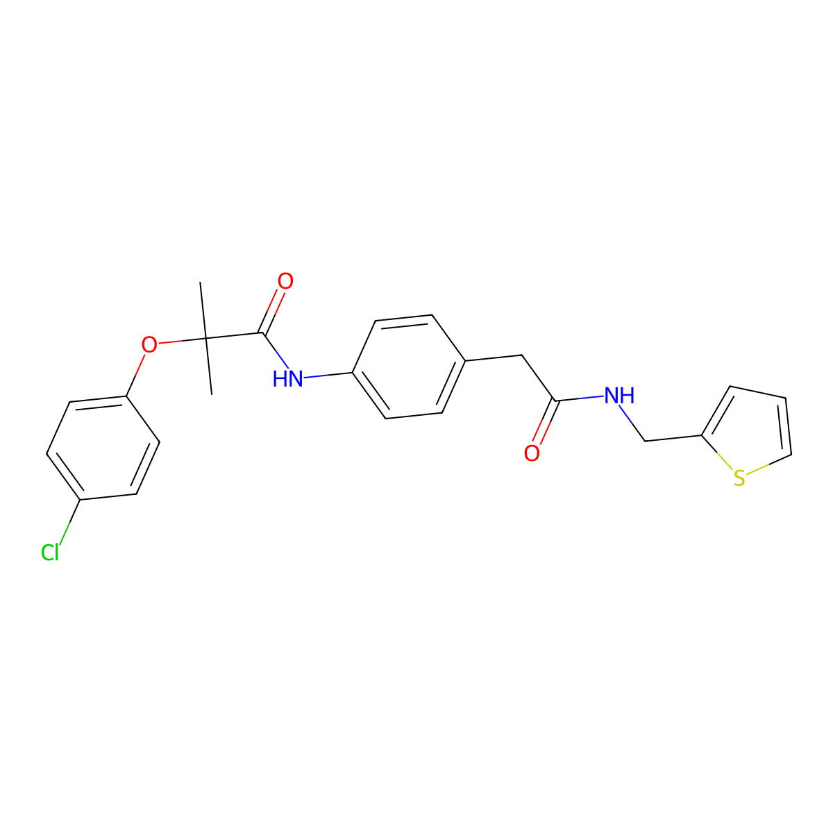 2-(4-chlorophenoxy)-2-methyl-N-(4-(2-oxo-2-((thiophen-2-ylmethyl)amino)ethyl)phenyl)propanamide molecular structure, CAS 1207047-30-0