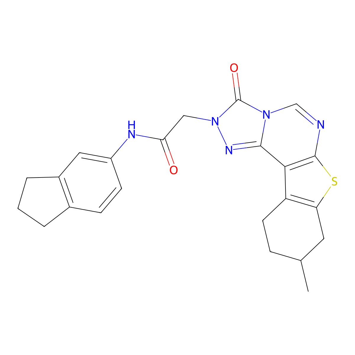 N-(2,3-dihydro-1H-inden-5-yl)-2-{13-methyl-5-oxo-10-thia-3,4,6,8-tetraazatetracyclo[7.7.0.0^{2,6}.0^{11,16}]hexadeca-1(9),2,7,11(16)-tetraen-4-yl}acetamide molecular structure, CAS 1207047-36-6