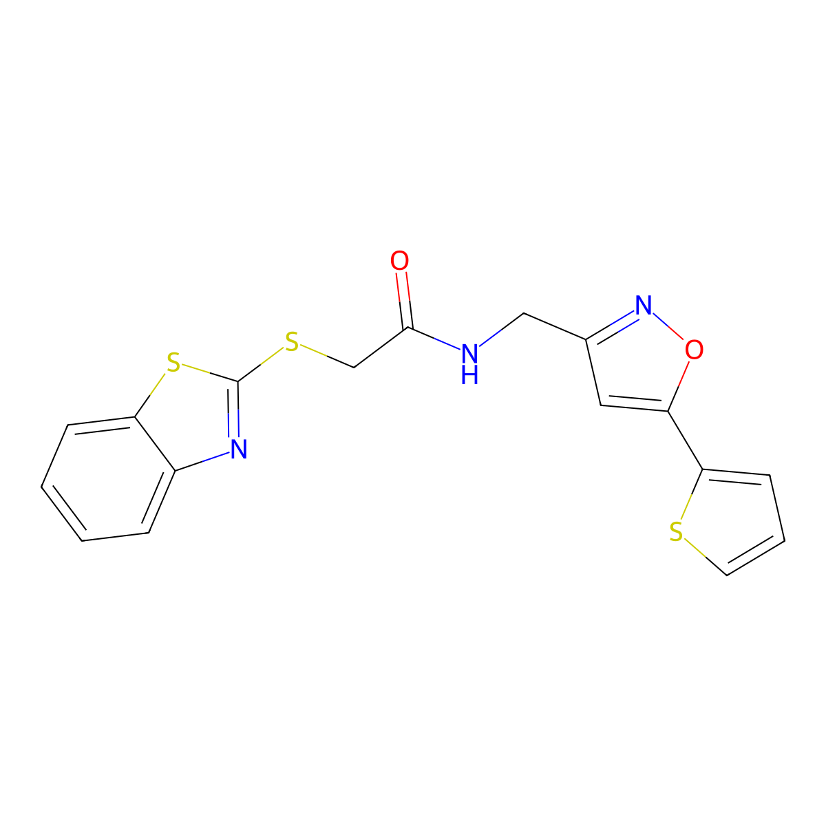 2-(benzo[d]thiazol-2-ylthio)-N-((5-(thiophen-2-yl)isoxazol-3-yl)methyl)acetamide molecular structure, CAS 1207047-47-9