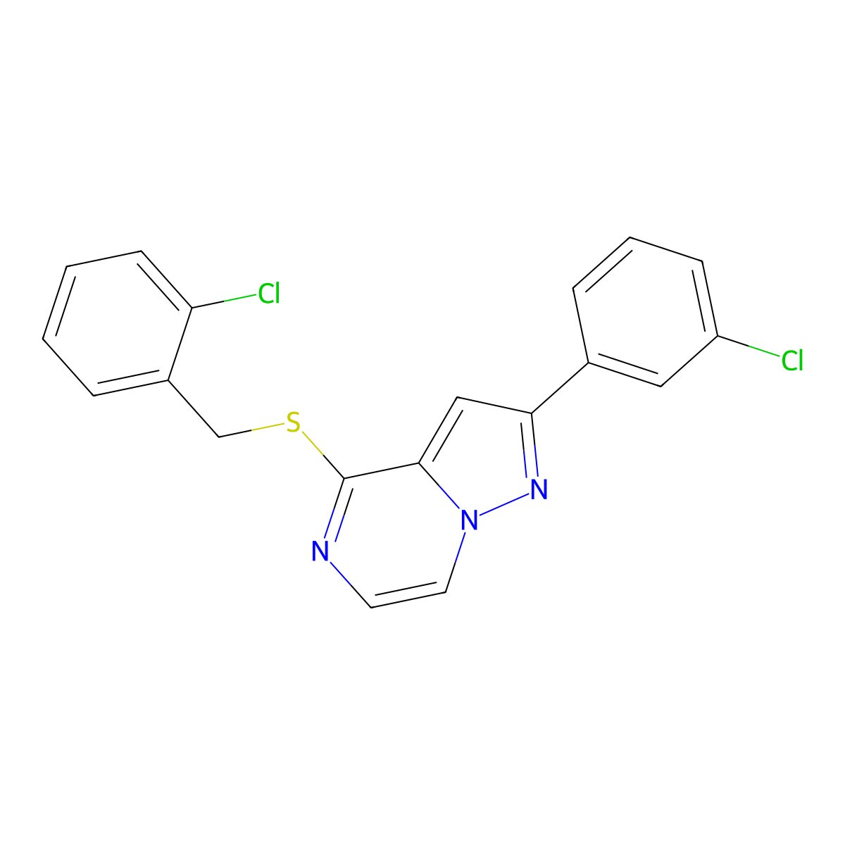 4-[(2-Chlorobenzyl)thio]-2-(3-chlorophenyl)pyrazolo[1,5-a]pyrazine molecular structure, CAS 1207047-59-3