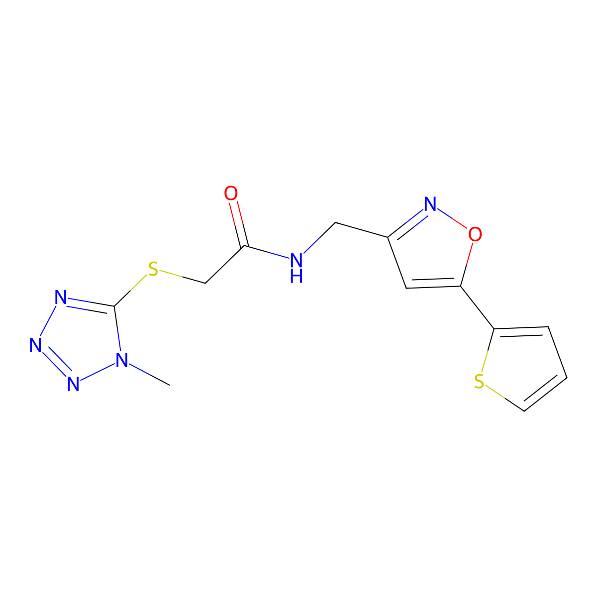 2-((1-methyl-1H-tetrazol-5-yl)thio)-N-((5-(thiophen-2-yl)isoxazol-3-yl)methyl)acetamide molecular structure, CAS 1207047-63-9