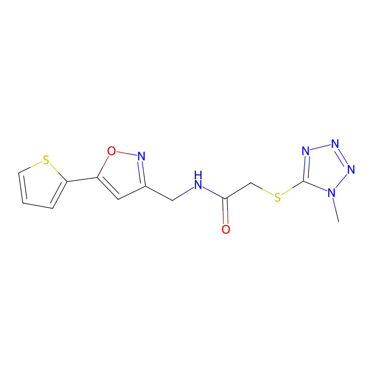 2-((1-methyl-1H-tetrazol-5-yl)thio)-N-((5-(thiophen-2-yl)isoxazol-3-yl)methyl)acetamide molecular structure, CAS 1207047-63-9