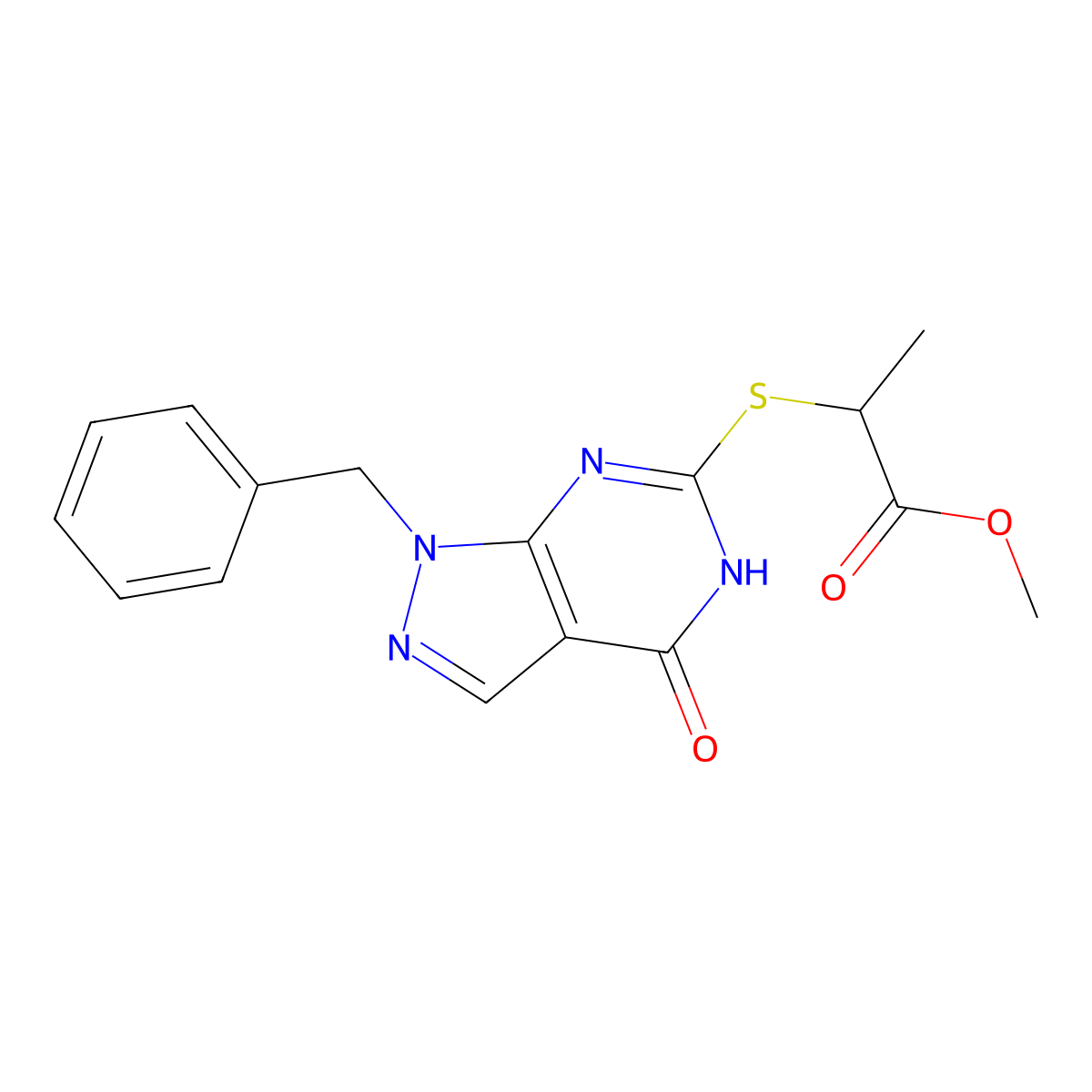 methyl 2-((1-benzyl-4-oxo-4,5-dihydro-1H-pyrazolo[3,4-d]pyrimidin-6-yl)thio)propanoate molecular structure, CAS 1207047-76-4