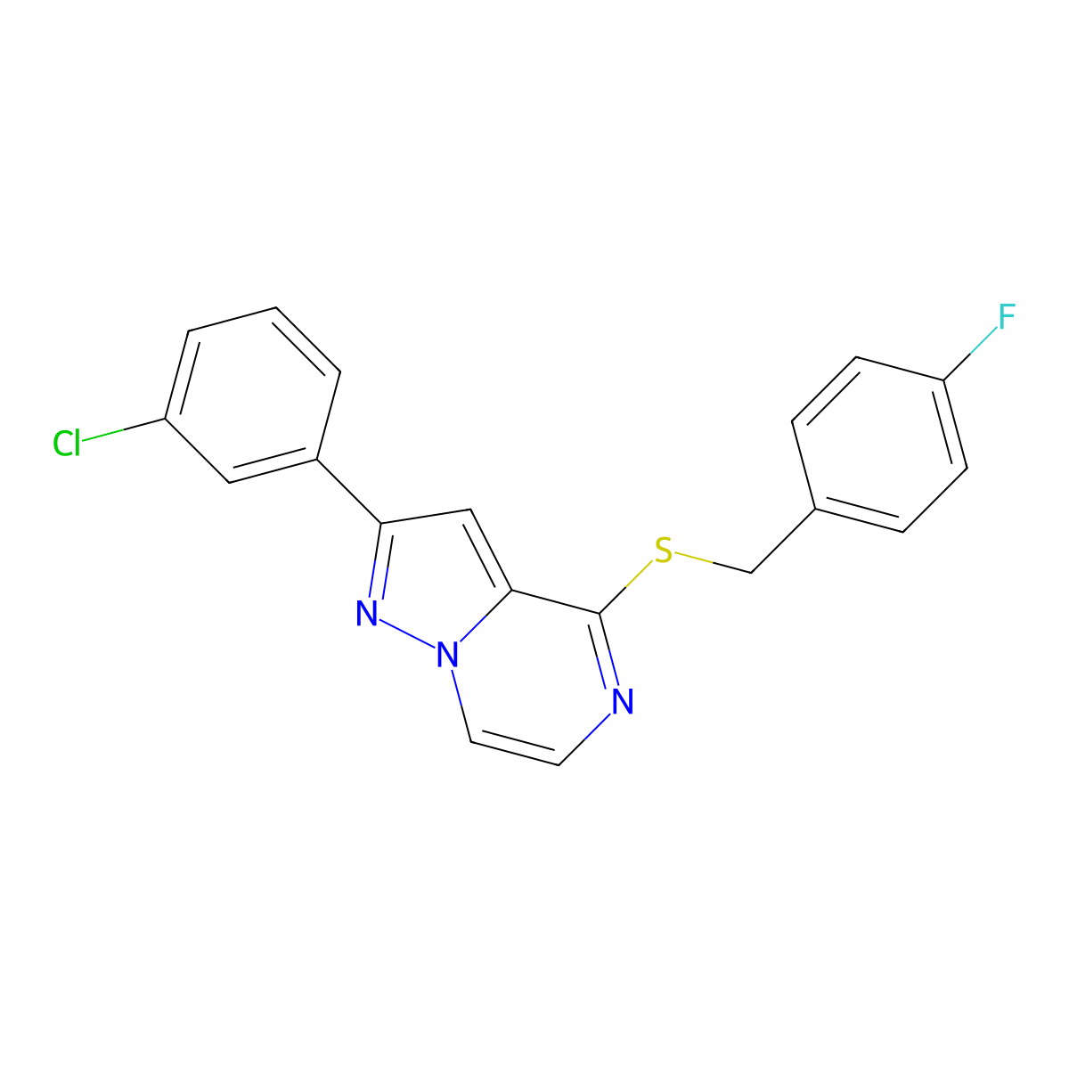 2-(3-Chlorophenyl)-4-[(4-fluorobenzyl)thio]pyrazolo[1,5-a]pyrazine molecular structure, CAS 1207047-81-1