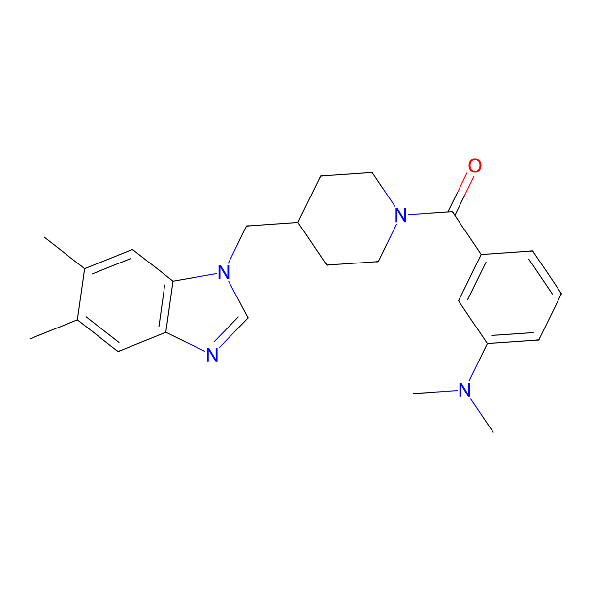 (4-((5,6-dimethyl-1H-benzo[d]imidazol-1-yl)methyl)piperidin-1-yl)(3-(dimethylamino)phenyl)methanone molecular structure, CAS 1207047-93-5