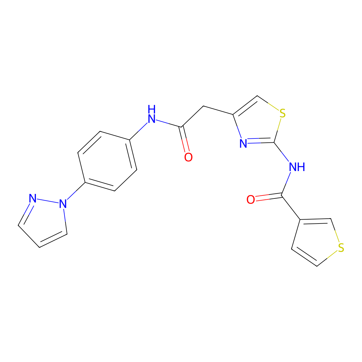 N-(4-(2-((4-(1H-pyrazol-1-yl)phenyl)amino)-2-oxoethyl)thiazol-2-yl)thiophene-3-carboxamide molecular structure, CAS 1207047-97-9
