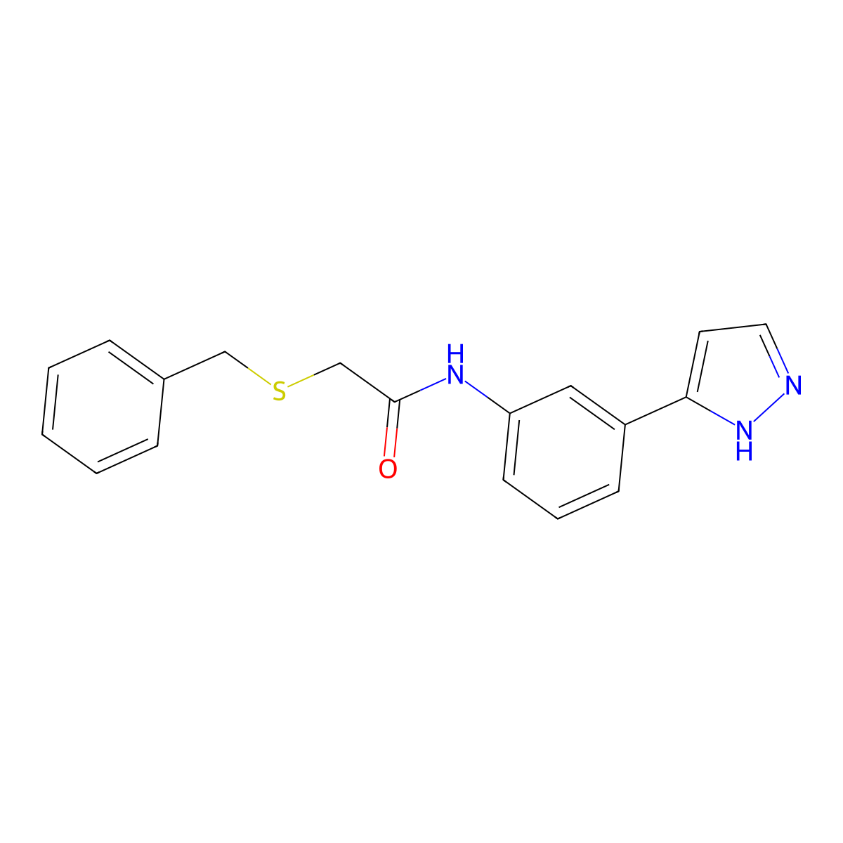 N-(3-(1H-pyrazol-3-yl)phenyl)-2-(benzylthio)acetamide molecular structure, CAS 1207048-14-3