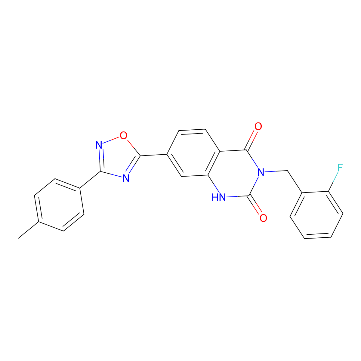 3-(2-fluorobenzyl)-7-(3-(p-tolyl)-1,2,4-oxadiazol-5-yl)quinazoline-2,4(1H,3H)-dione molecular structure, CAS 1207048-23-4