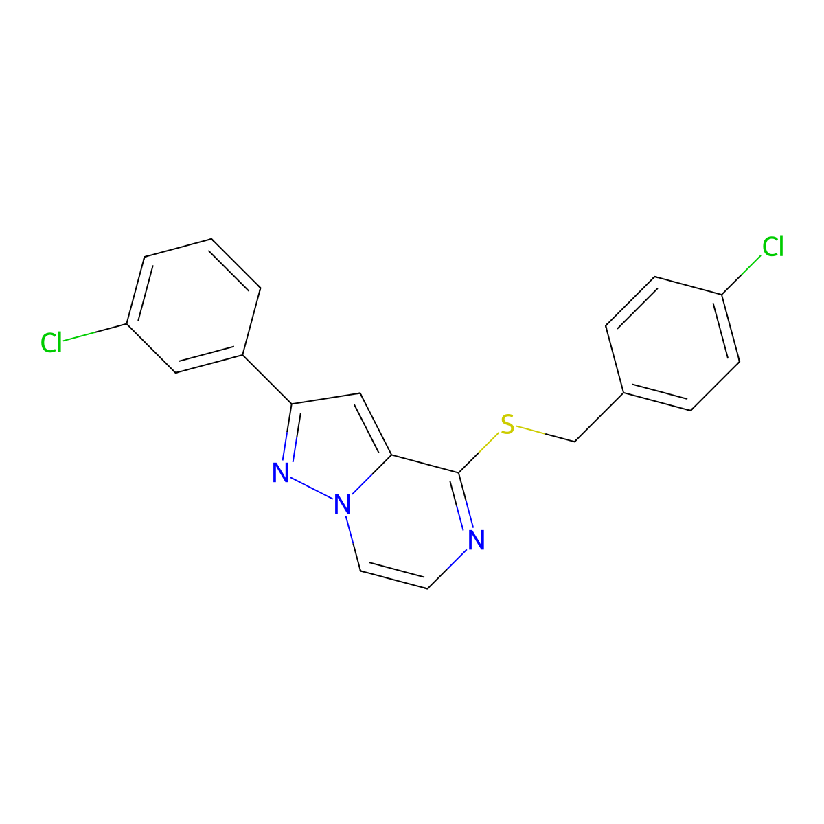 4-[(4-Chlorobenzyl)thio]-2-(3-chlorophenyl)pyrazolo[1,5-a]pyrazine molecular structure, CAS 1207048-24-5