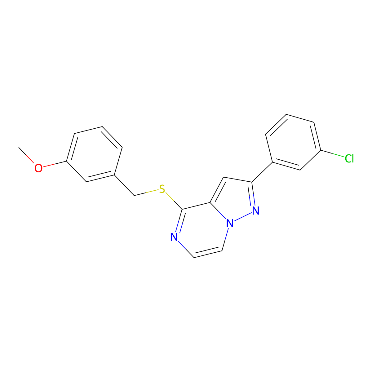 2-(3-Chlorophenyl)-4-[(3-methoxybenzyl)thio]pyrazolo[1,5-a]pyrazine molecular structure, CAS 1207048-32-5
