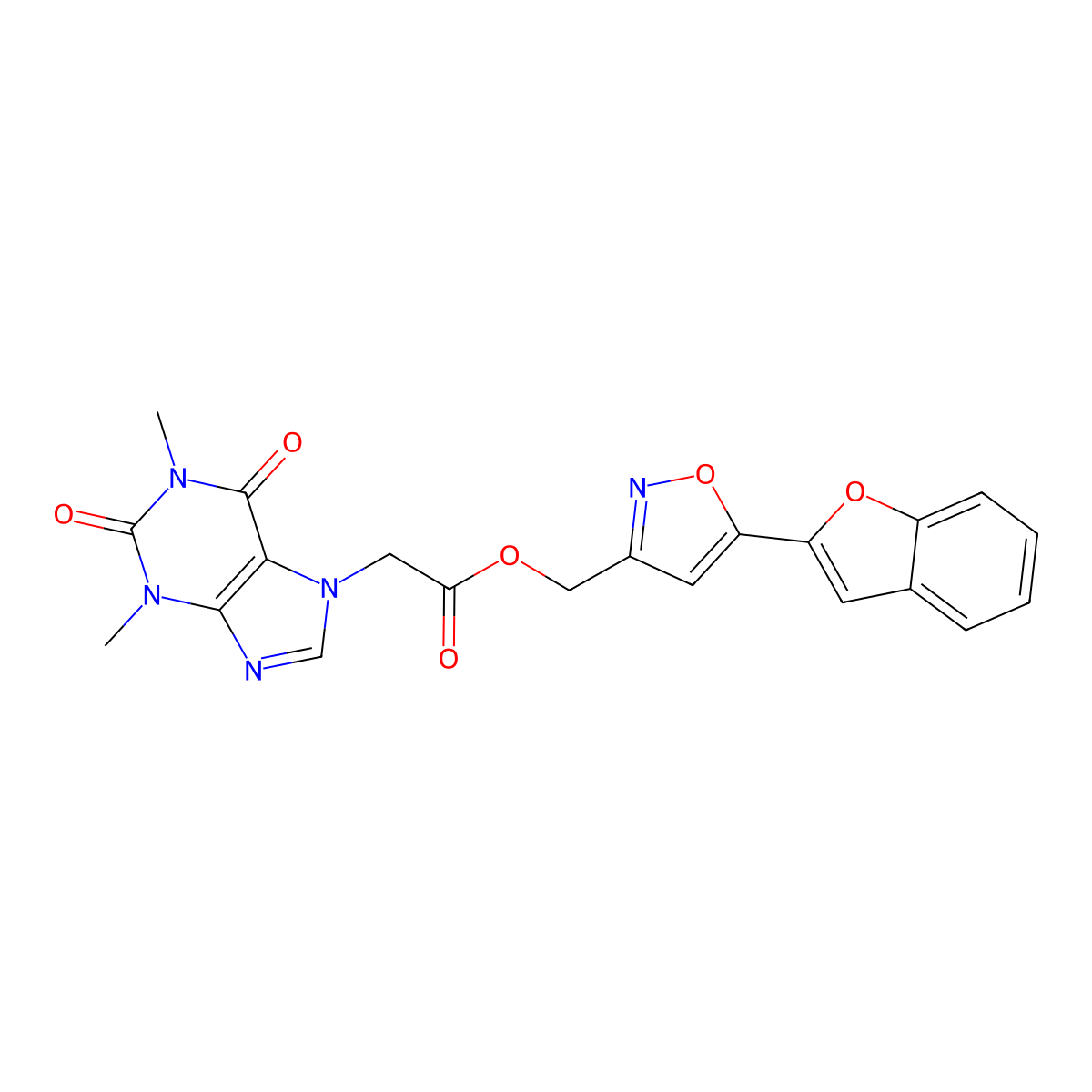 (5-(benzofuran-2-yl)isoxazol-3-yl)methyl 2-(1,3-dimethyl-2,6-dioxo-2,3-dihydro-1H-purin-7(6H)-yl)acetate molecular structure, CAS 1207048-51-8