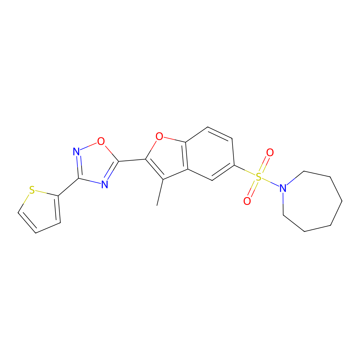 1-({3-Methyl-2-[3-(thiophen-2-yl)-1,2,4-oxadiazol-5-yl]-1-benzofuran-5-yl}sulfonyl)azepane molecular structure, CAS 1207048-56-3