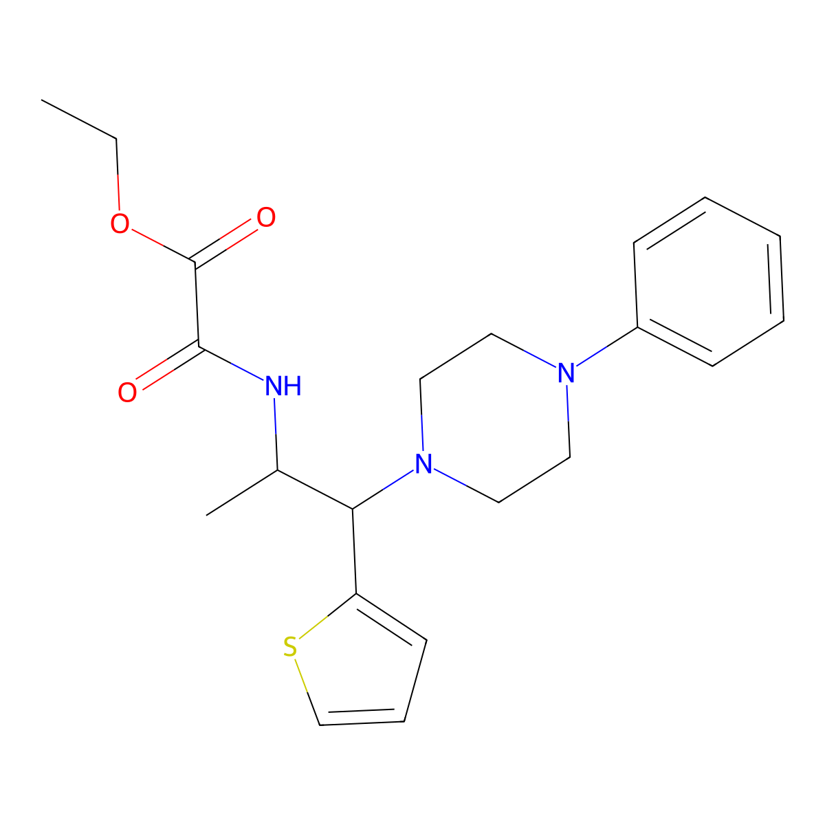 Ethyl 2-oxo-2-((1-(4-phenylpiperazin-1-yl)-1-(thiophen-2-yl)propan-2-yl)amino)acetate molecular structure, CAS 1207048-63-2