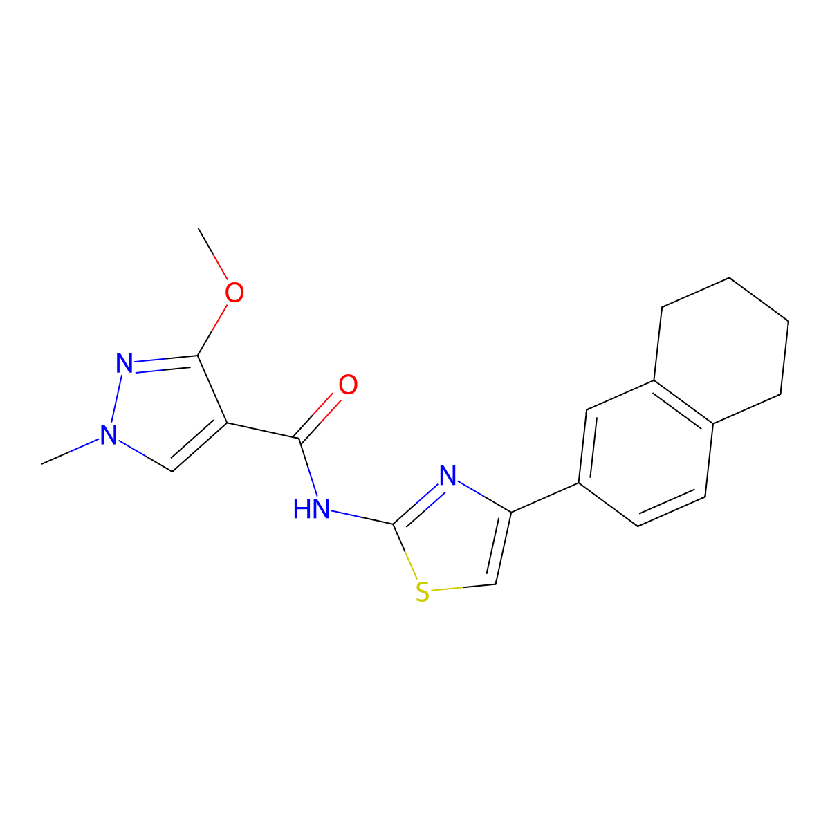 3-methoxy-1-methyl-N-(4-(5,6,7,8-tetrahydronaphthalen-2-yl)thiazol-2-yl)-1H-pyrazole-4-carboxamide molecular structure, CAS 1207048-70-1