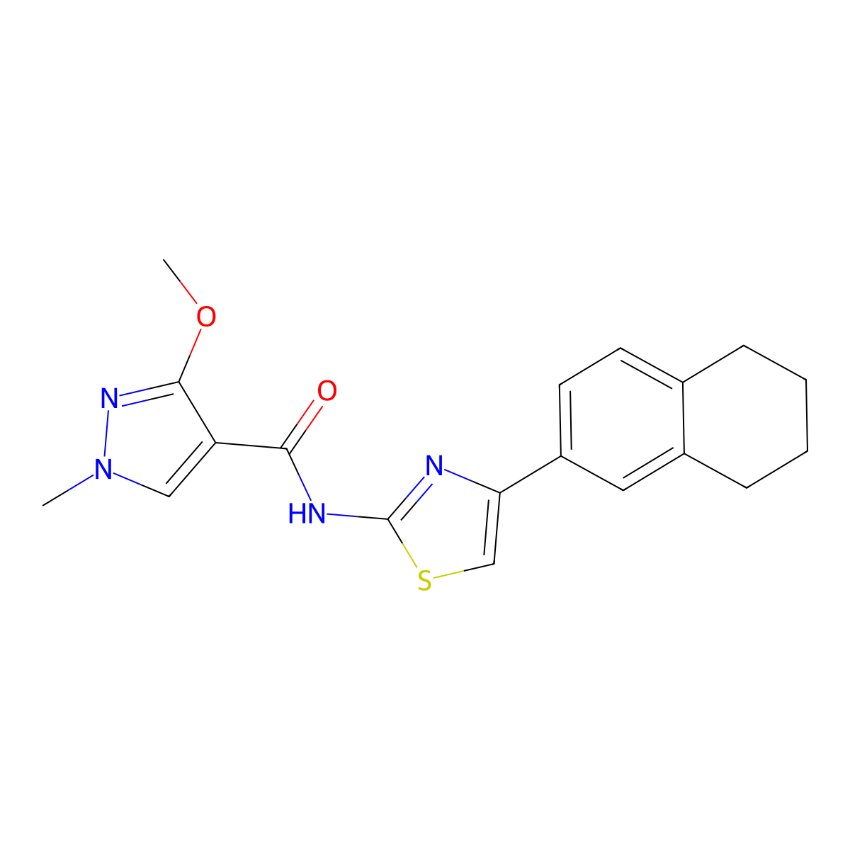 3-methoxy-1-methyl-N-(4-(5,6,7,8-tetrahydronaphthalen-2-yl)thiazol-2-yl)-1H-pyrazole-4-carboxamide molecular structure, CAS 1207048-70-1