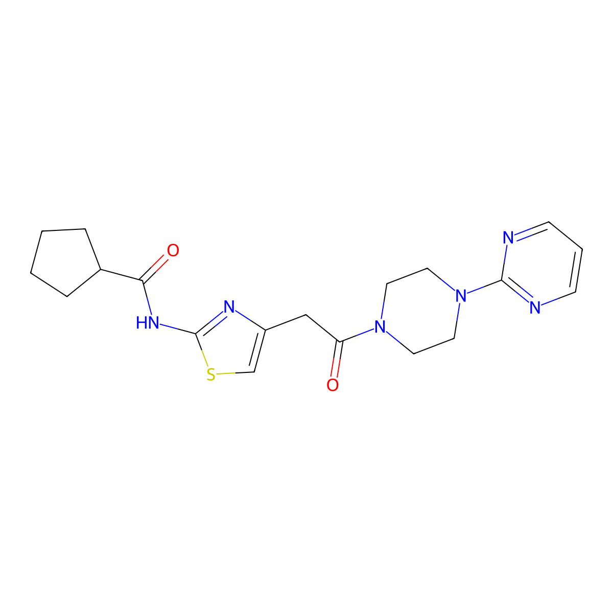 N-(4-(2-oxo-2-(4-(pyrimidin-2-yl)piperazin-1-yl)ethyl)thiazol-2-yl)cyclopentanecarboxamide molecular structure, CAS 1207048-80-3