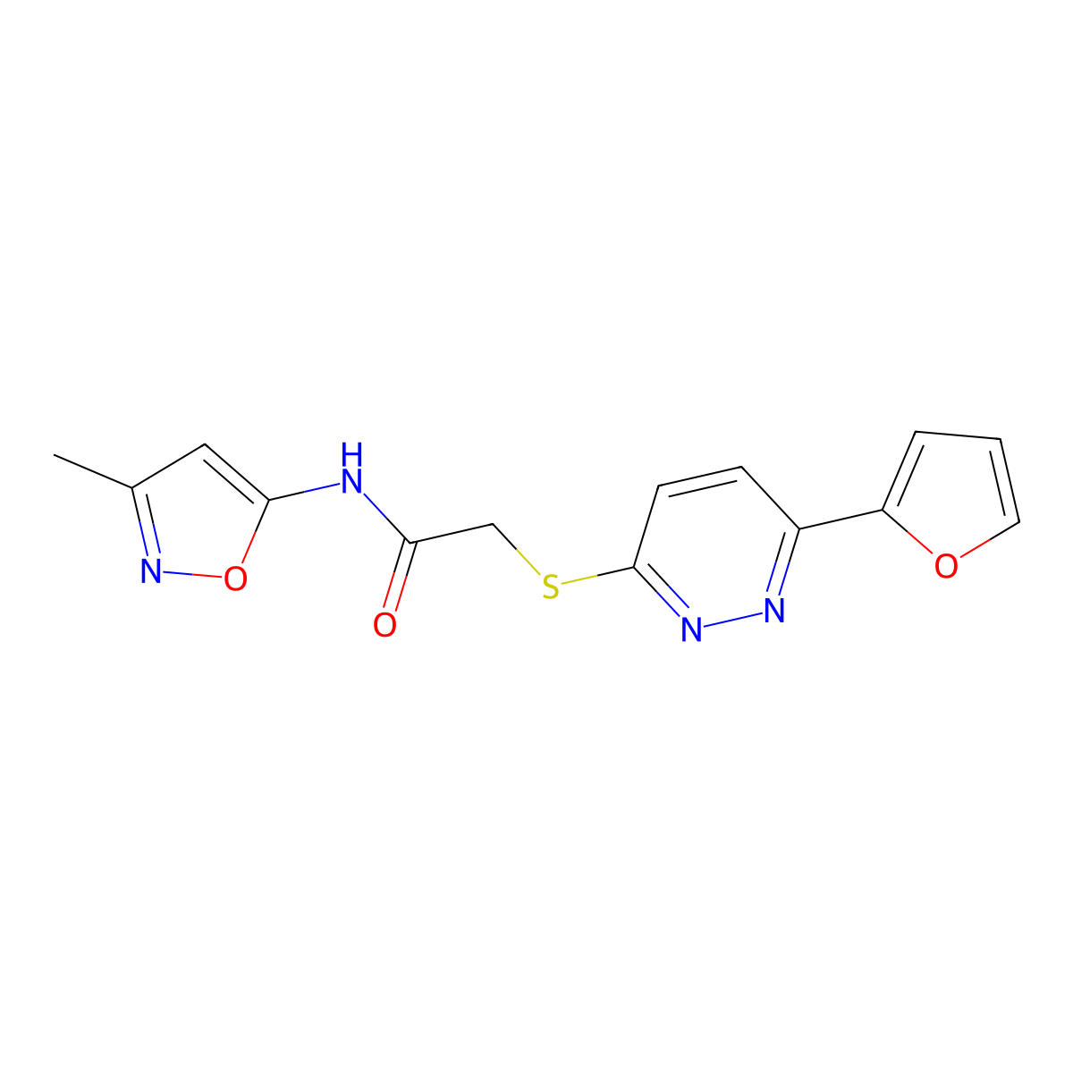 2-((6-(furan-2-yl)pyridazin-3-yl)thio)-N-(3-methylisoxazol-5-yl)acetamide molecular structure, CAS 1207048-83-6
