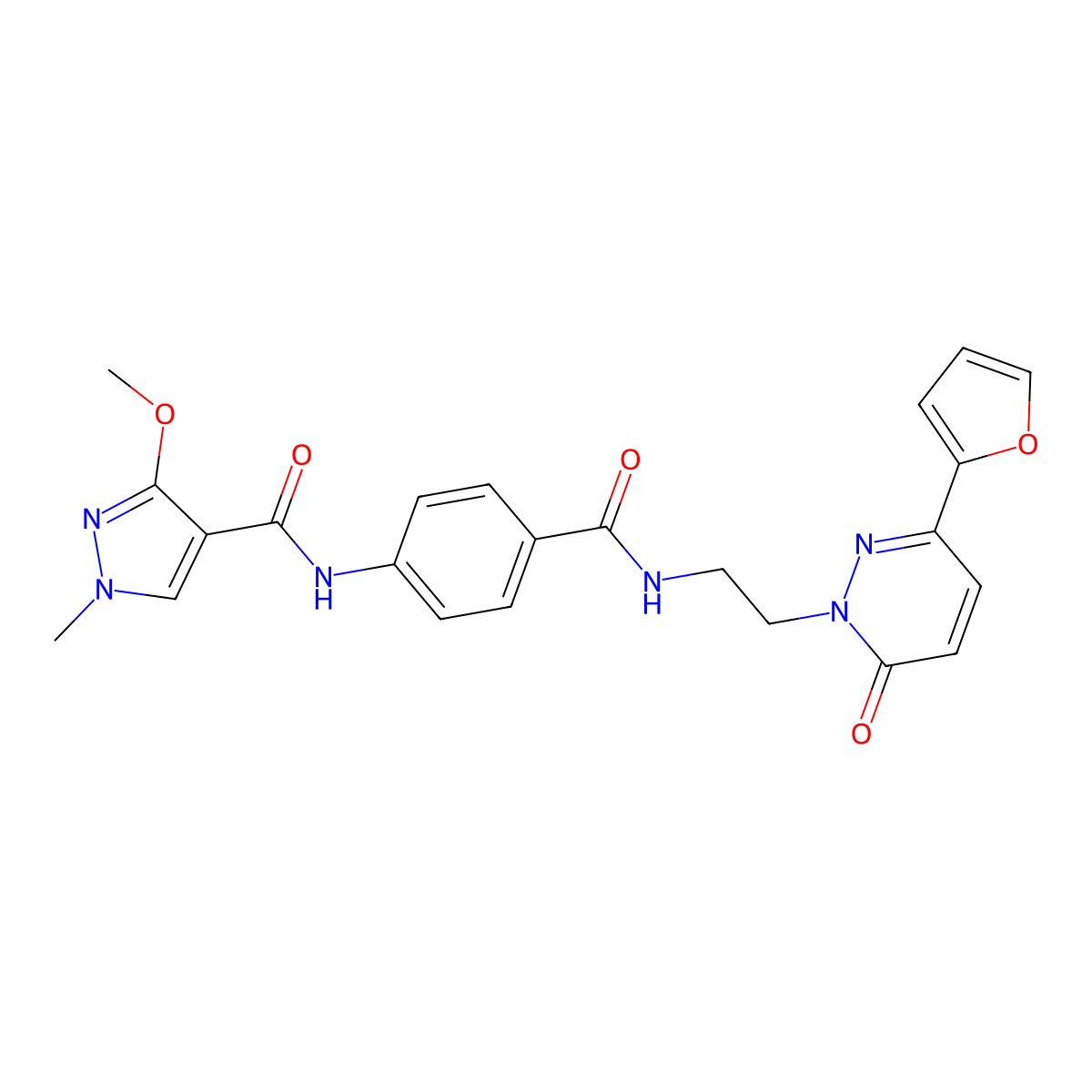 N-(4-((2-(3-(furan-2-yl)-6-oxopyridazin-1(6H)-yl)ethyl)carbamoyl)phenyl)-3-methoxy-1-methyl-1H-pyrazole-4-carboxamide molecular structure, CAS 1207048-92-7