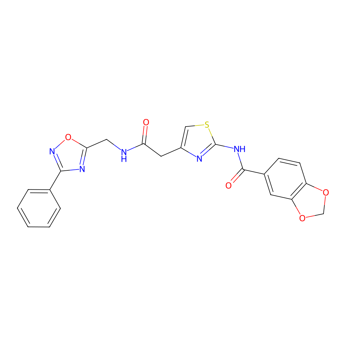 N-(4-(2-oxo-2-(((3-phenyl-1,2,4-oxadiazol-5-yl)methyl)amino)ethyl)thiazol-2-yl)benzo[d][1,3]dioxole-5-carboxamide molecular structure, CAS 1207049-01-1