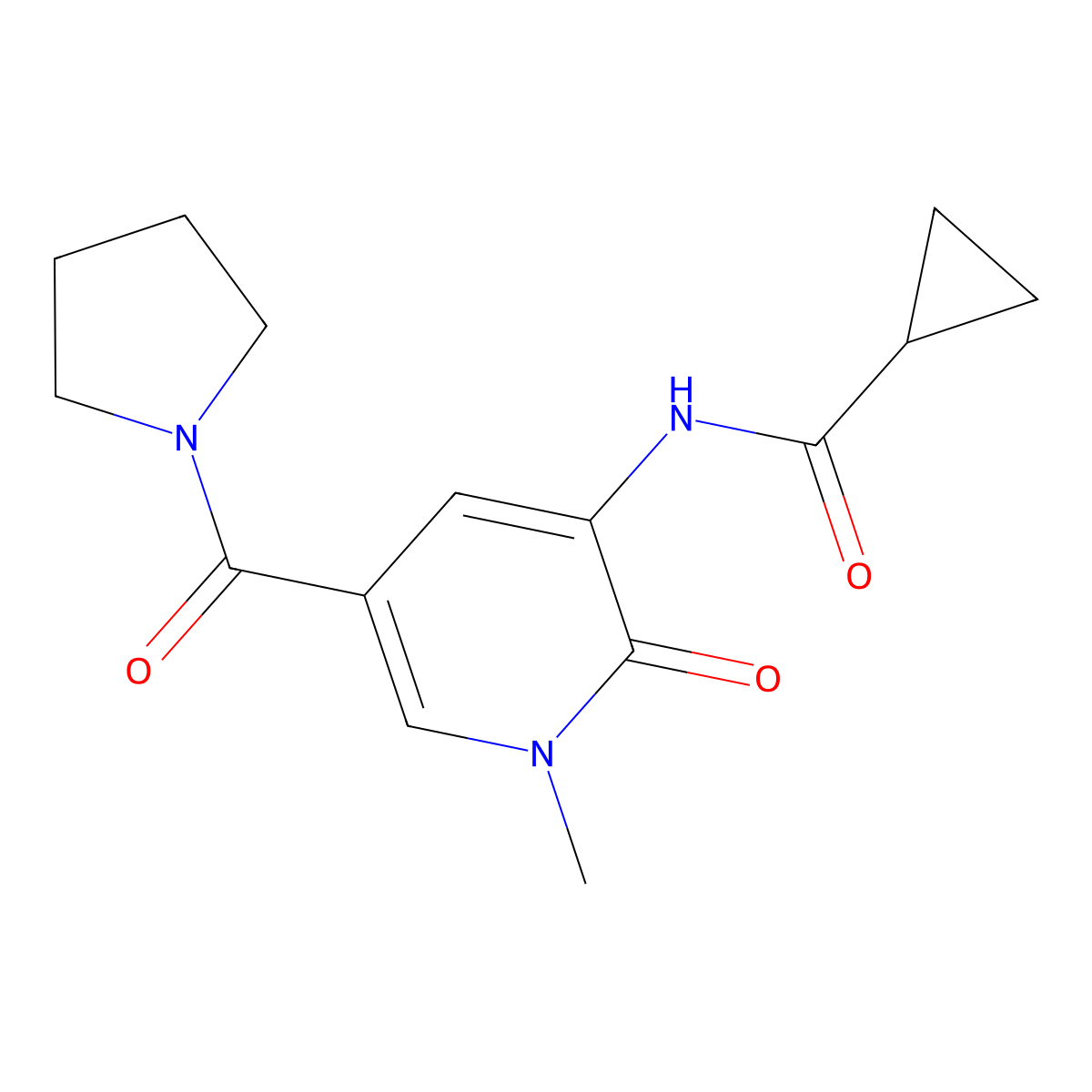 N-[1-methyl-2-oxo-5-(pyrrolidine-1-carbonyl)-1,2-dihydropyridin-3-yl]cyclopropanecarboxamide molecular structure, CAS 1207049-12-4