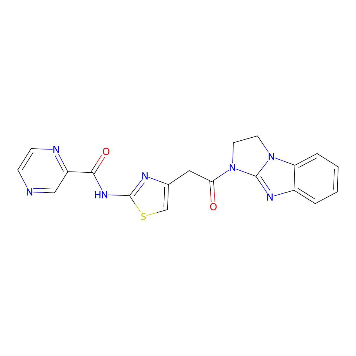 N-[4-(2-oxo-2-{2,5,7-triazatricyclo[6.4.0.0^{2,6}]dodeca-1(8),6,9,11-tetraen-5-yl}ethyl)-1,3-thiazol-2-yl]pyrazine-2-carboxamide molecular structure, CAS 1207049-19-1