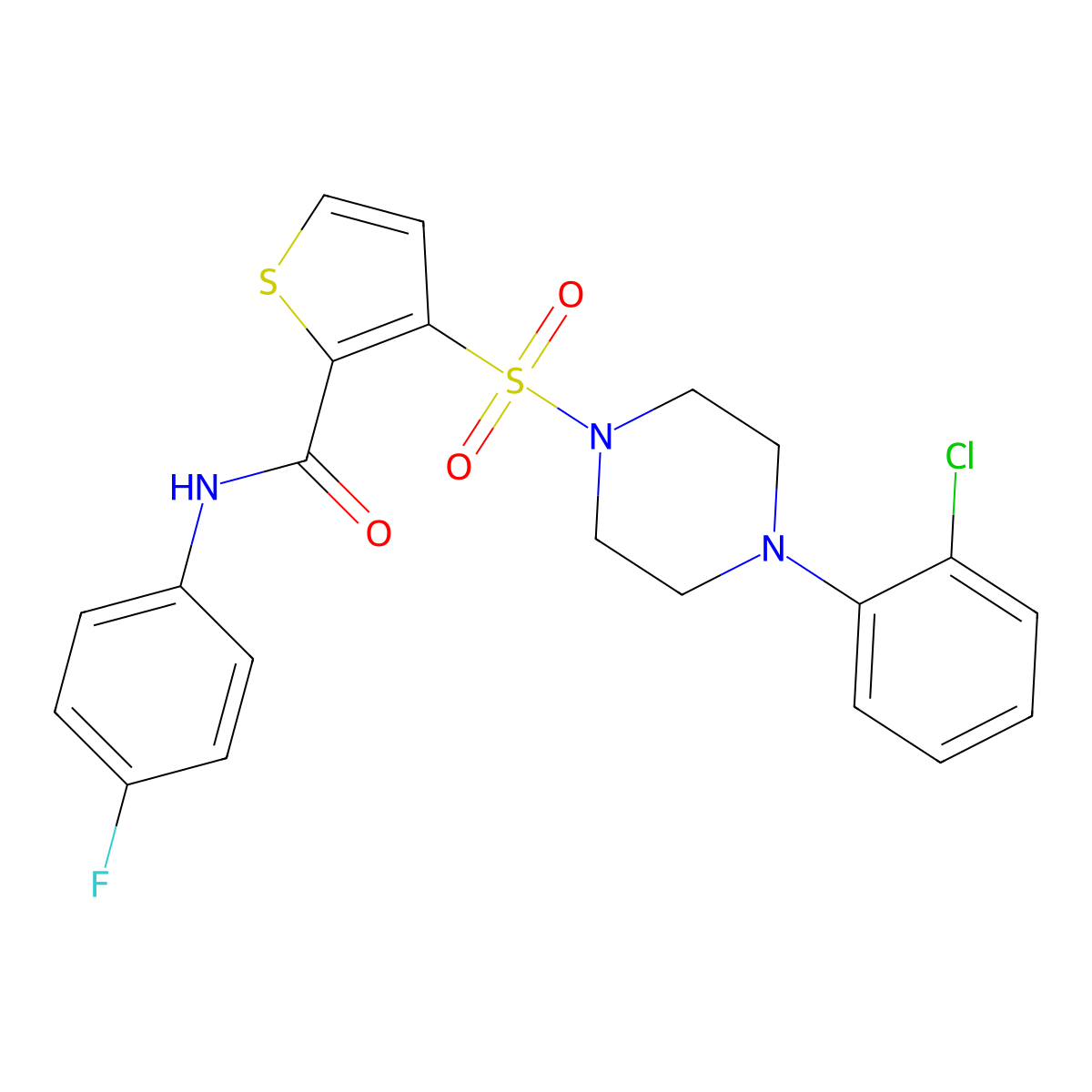 3-{[4-(2-chlorophenyl)piperazin-1-yl]sulfonyl}-N-(4-fluorophenyl)thiophene-2-carboxamide molecular structure, CAS 1207049-29-3