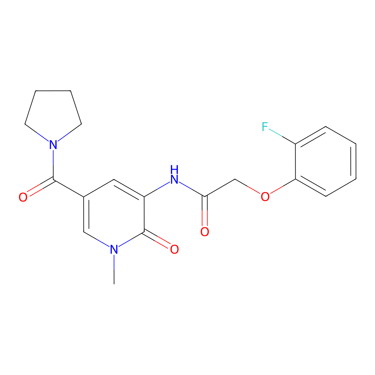 2-(2-fluorophenoxy)-N-[1-methyl-2-oxo-5-(pyrrolidine-1-carbonyl)-1,2-dihydropyridin-3-yl]acetamide molecular structure, CAS 1207049-30-6