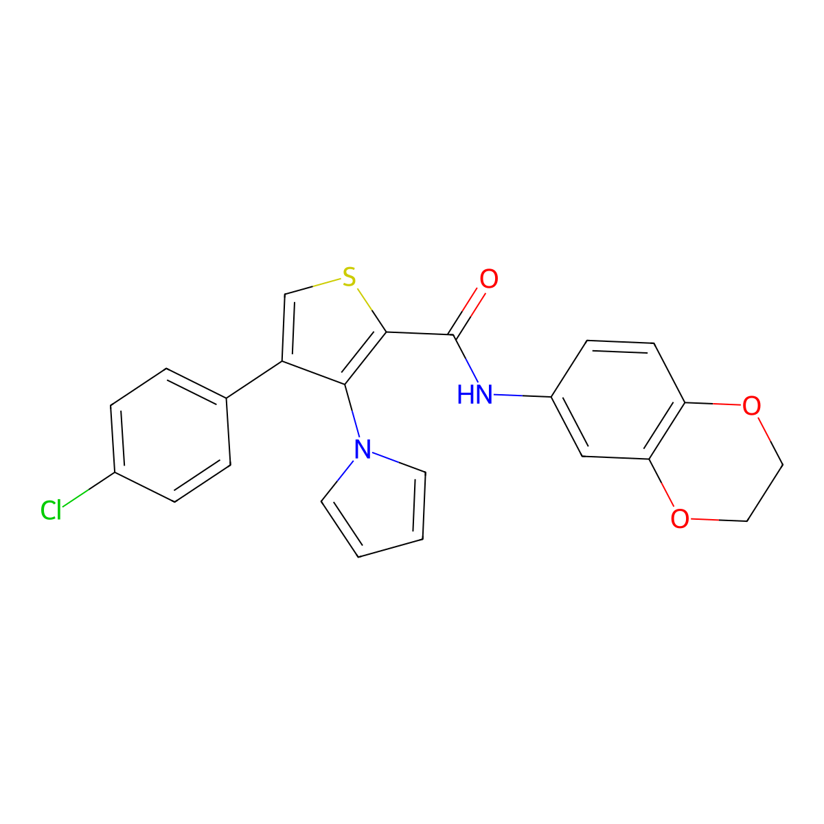 4-(4-chlorophenyl)-N-(2,3-dihydro-1,4-benzodioxin-6-yl)-3-(1H-pyrrol-1-yl)thiophene-2-carboxamide molecular structure, CAS 1207049-32-8