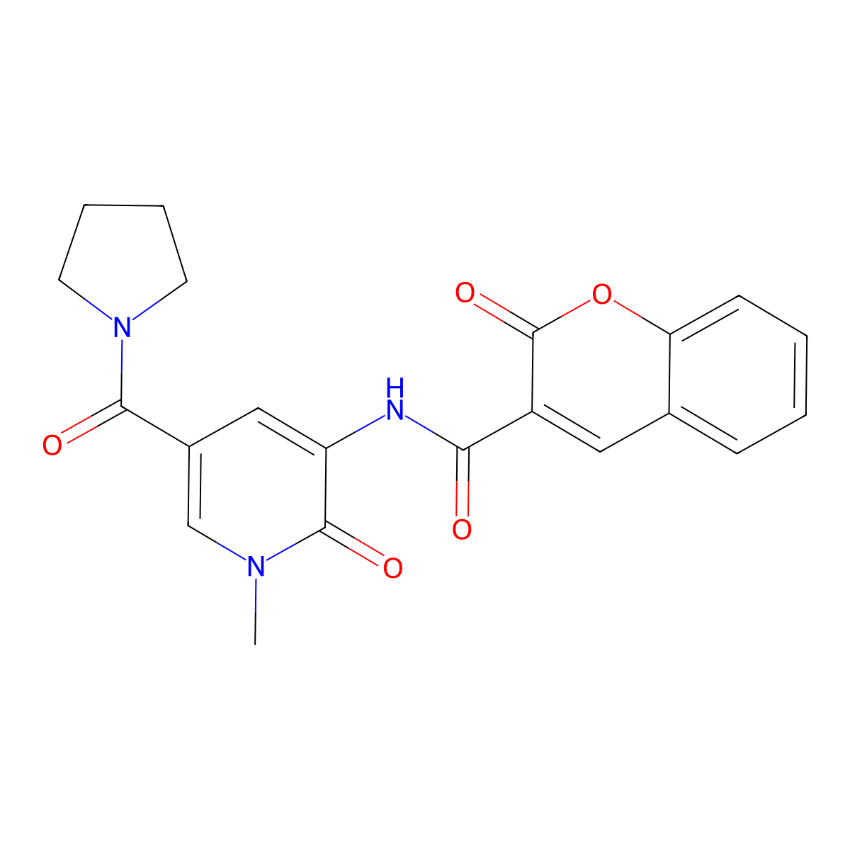N-[1-methyl-2-oxo-5-(pyrrolidine-1-carbonyl)-1,2-dihydropyridin-3-yl]-2-oxo-2H-chromene-3-carboxamide molecular structure, CAS 1207049-35-1