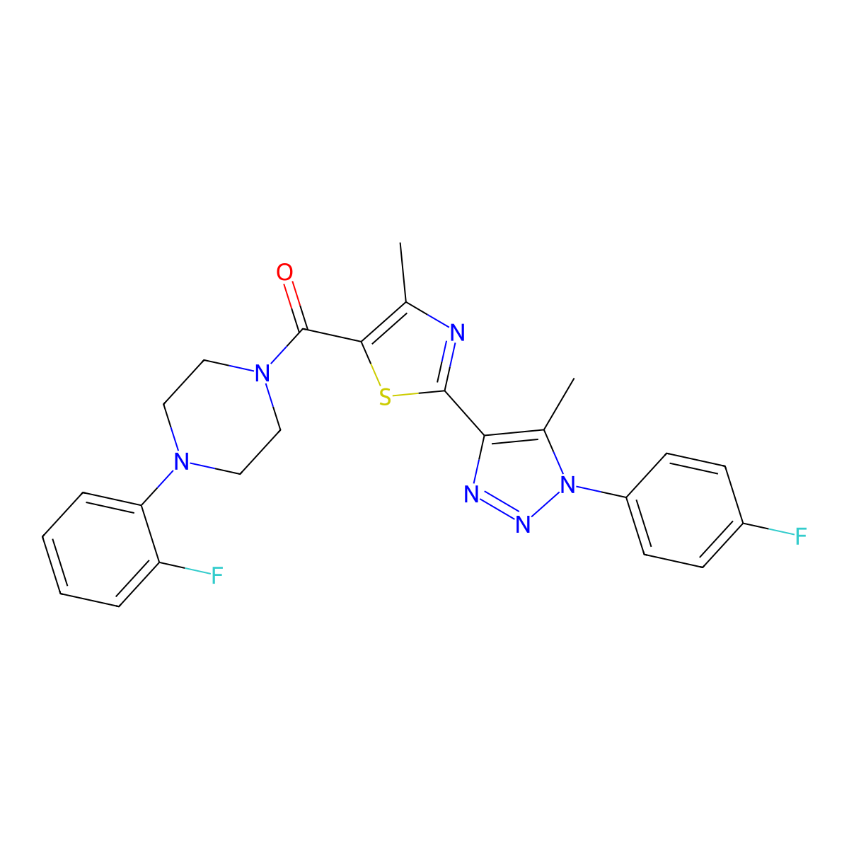 (2-(1-(4-fluorophenyl)-5-methyl-1H-1,2,3-triazol-4-yl)-4-methylthiazol-5-yl)(4-(2-fluorophenyl)piperazin-1-yl)methanone molecular structure, CAS 1207049-42-0