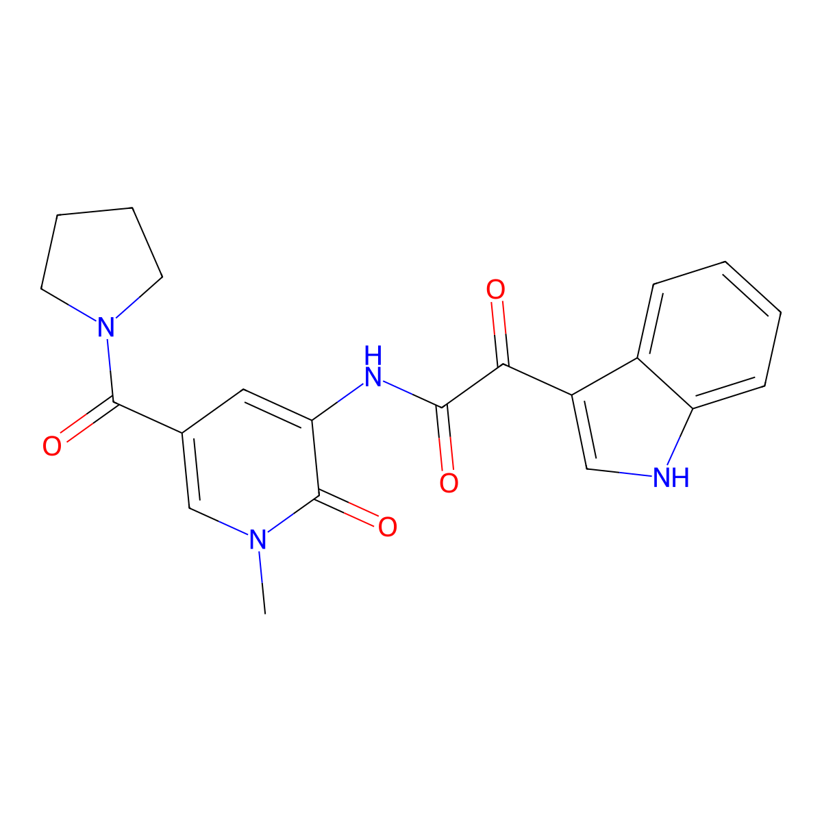 2-(1H-indol-3-yl)-N-(1-methyl-2-oxo-5-(pyrrolidine-1-carbonyl)-1,2-dihydropyridin-3-yl)-2-oxoacetamide molecular structure, CAS 1207049-44-2