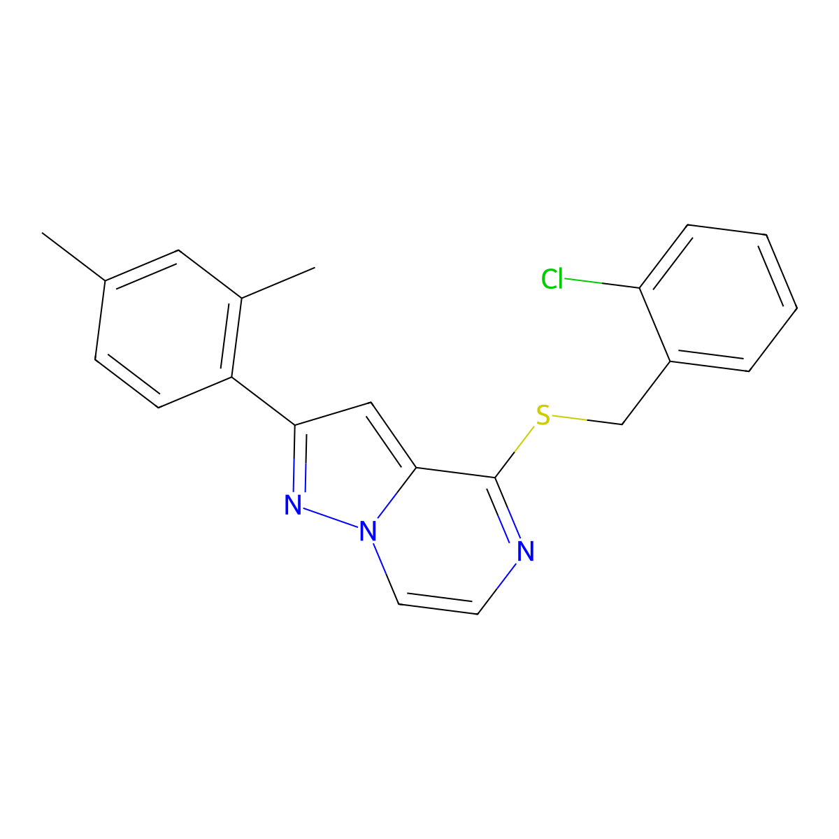 4-[(2-Chlorobenzyl)thio]-2-(2,4-dimethylphenyl)pyrazolo[1,5-a]pyrazine molecular structure, CAS 1207049-72-6
