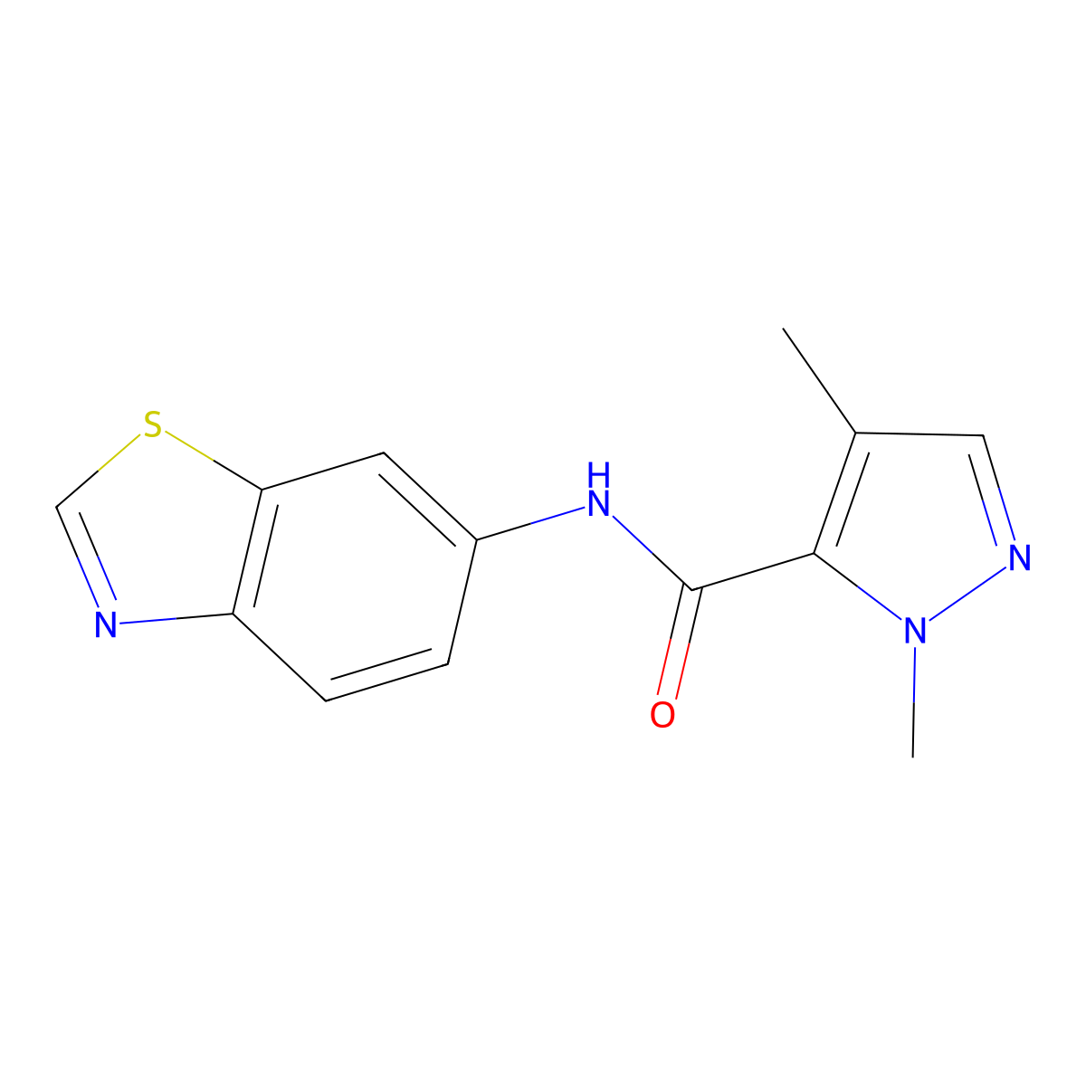 N-(benzo[d]thiazol-6-yl)-1,4-dimethyl-1H-pyrazole-5-carboxamide molecular structure, CAS 1207049-75-9