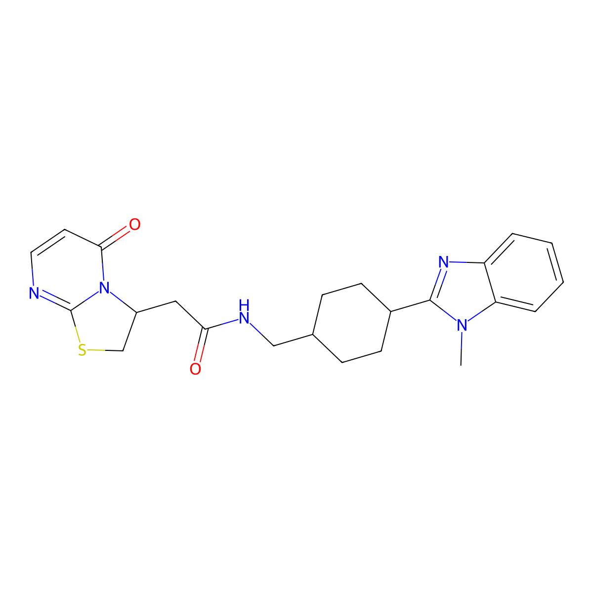 N-((4-(1-methyl-1H-benzo[d]imidazol-2-yl)cyclohexyl)methyl)-2-(5-oxo-3,5-dihydro-2H-thiazolo[3,2-a]pyrimidin-3-yl)acetamide molecular structure, CAS 1207049-85-1