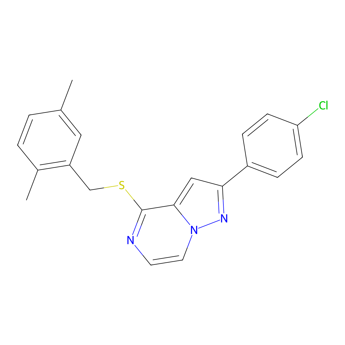 2-(4-Chlorophenyl)-4-[(2,5-dimethylbenzyl)thio]pyrazolo[1,5-a]pyrazine molecular structure, CAS 1207049-87-3