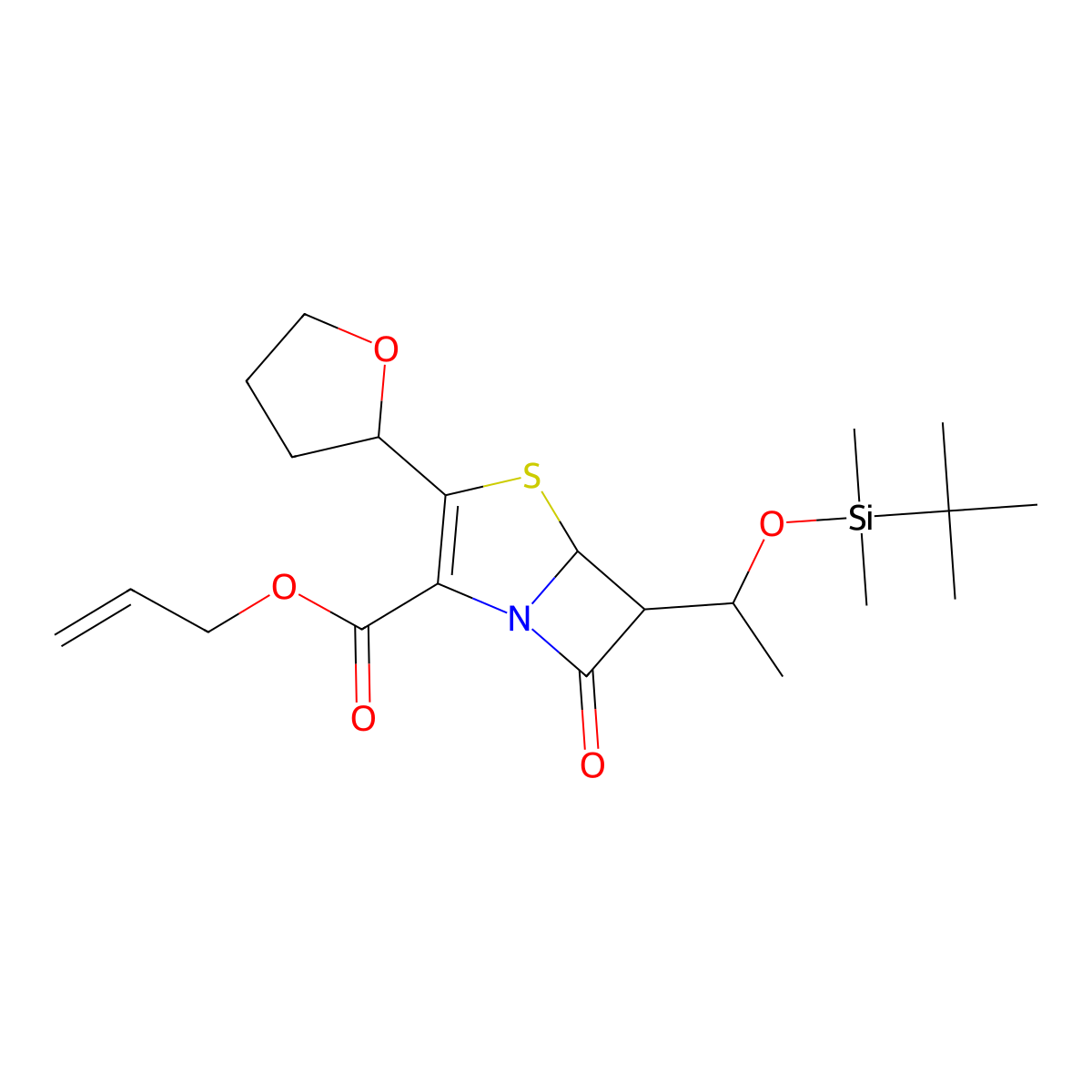 (5R,6S)-Allyl 6-((R)-1-((tert-butyldimethylsilyl)oxy)ethyl)-7-oxo-3-((R)-tetrahydrofuran-2-yl)-4-thia-1-azabicyclo[3.2.0]hept-2-ene-2-carboxylate molecular structure, CAS 120705-67-1