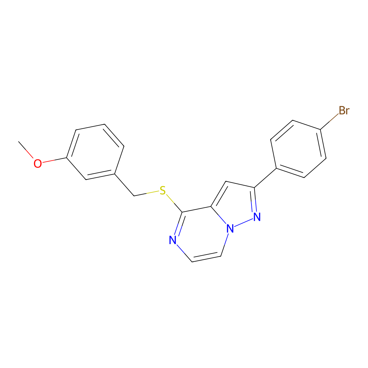 2-(4-Bromophenyl)-4-[(3-methoxybenzyl)thio]pyrazolo[1,5-a]pyrazine molecular structure, CAS 1207050-02-9