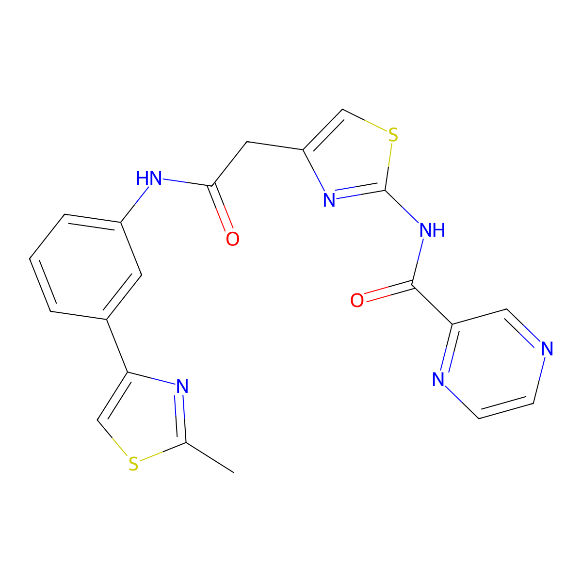 N-(4-(2-((3-(2-methylthiazol-4-yl)phenyl)amino)-2-oxoethyl)thiazol-2-yl)pyrazine-2-carboxamide molecular structure, CAS 1207050-06-3