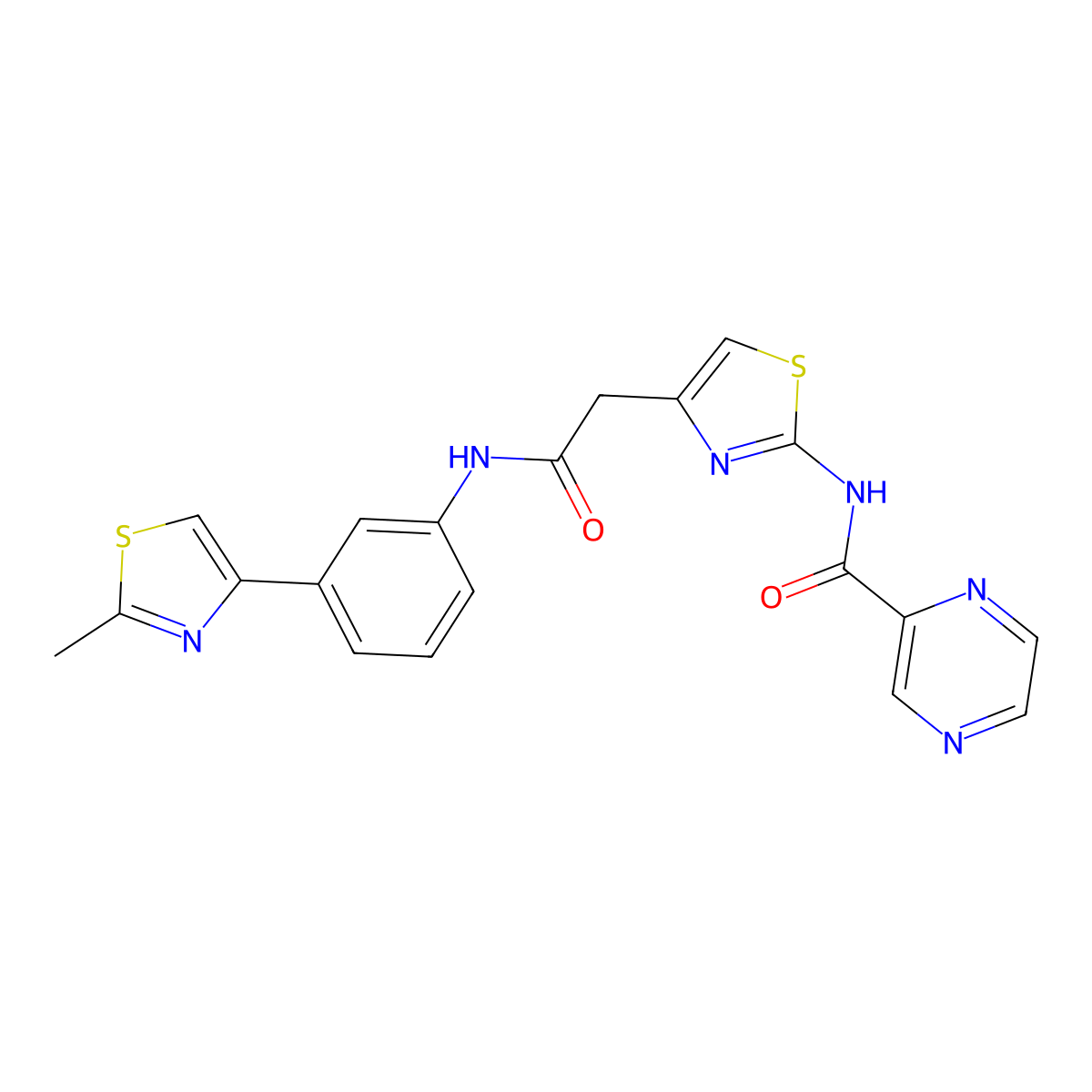 N-(4-(2-((3-(2-methylthiazol-4-yl)phenyl)amino)-2-oxoethyl)thiazol-2-yl)pyrazine-2-carboxamide molecular structure, CAS 1207050-06-3