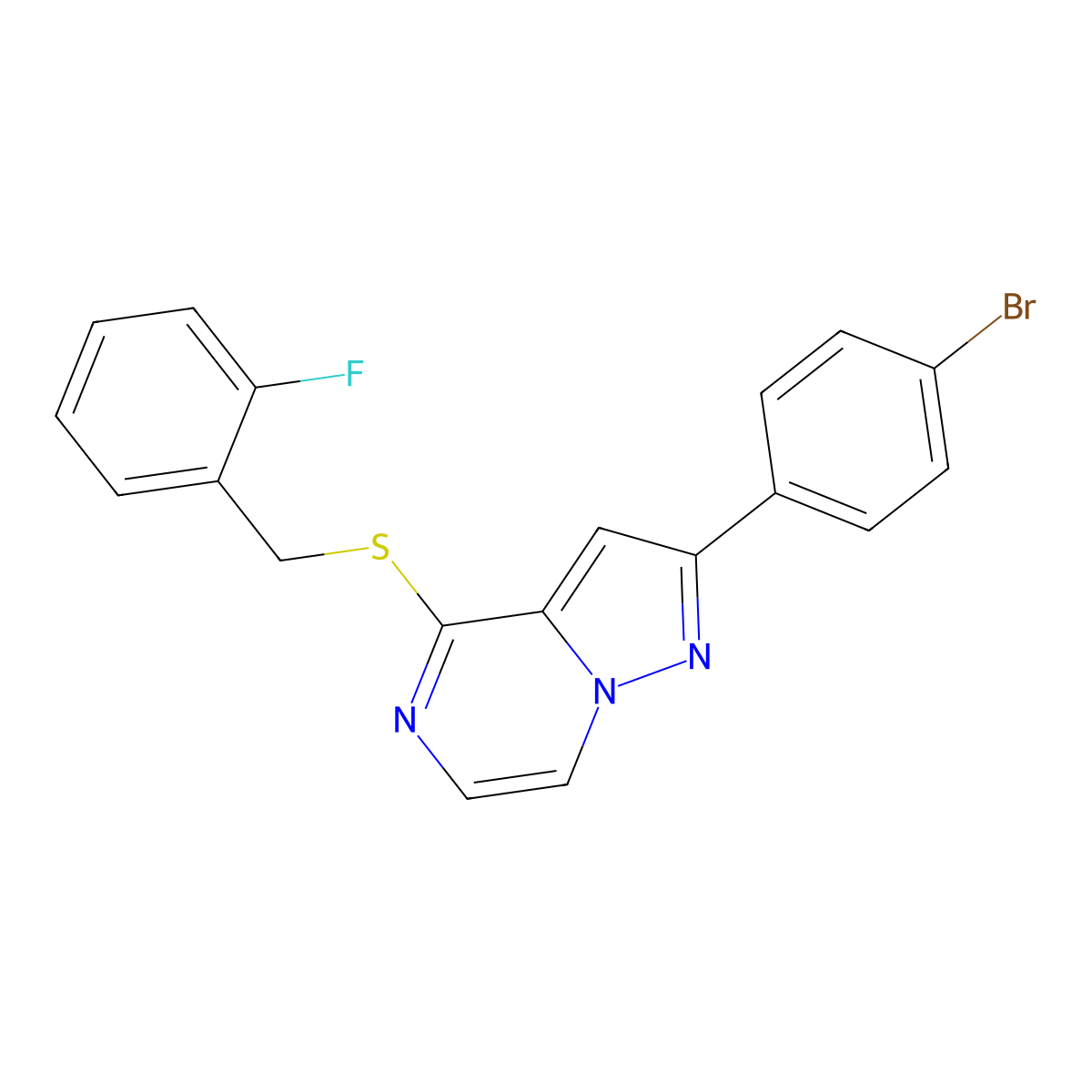 2-(4-Bromophenyl)-4-[(2-fluorobenzyl)thio]pyrazolo[1,5-a]pyrazine molecular structure, CAS 1207050-09-6