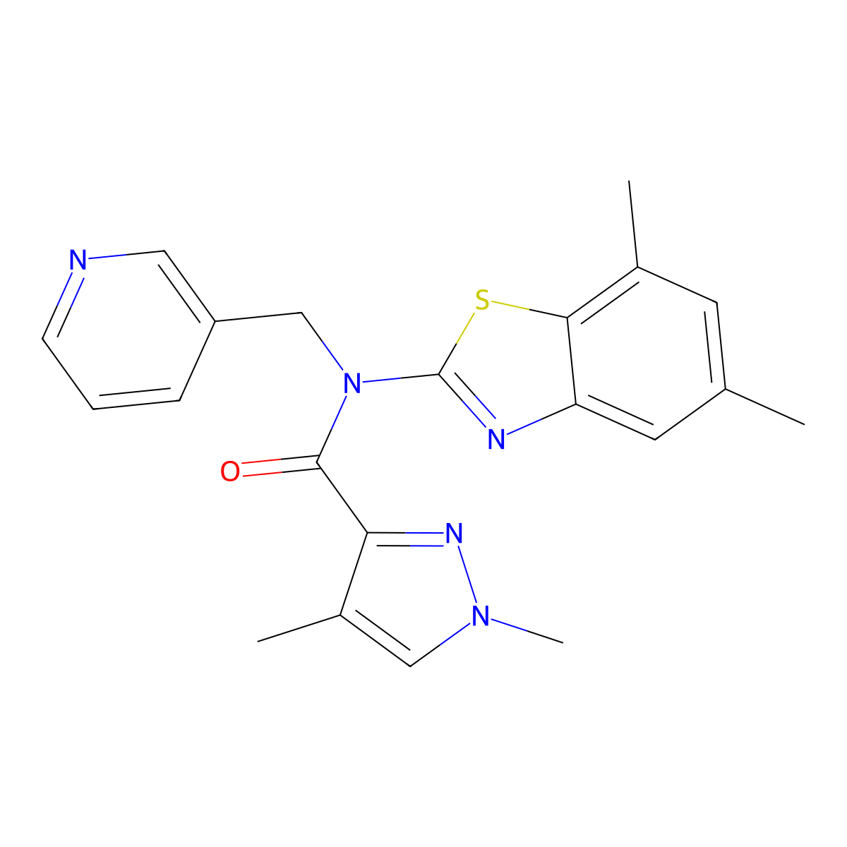N-(5,7-dimethyl-1,3-benzothiazol-2-yl)-1,4-dimethyl-N-[(pyridin-3-yl)methyl]-1H-pyrazole-3-carboxamide molecular structure, CAS 1207050-10-9