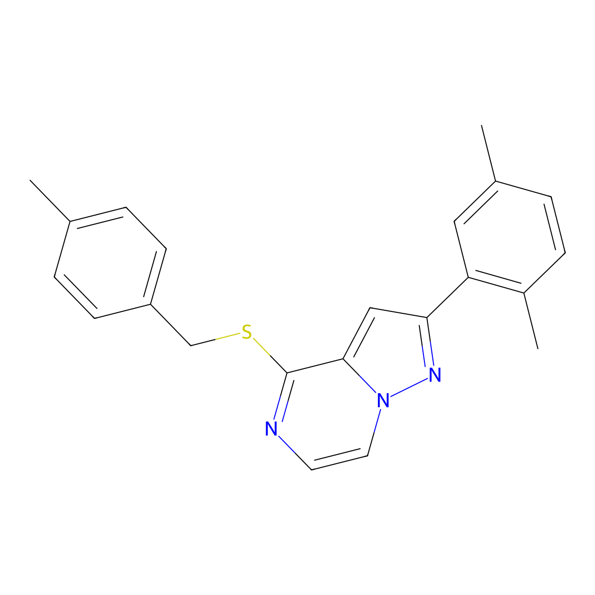 2-(2,5-Dimethylphenyl)-4-[(4-methylbenzyl)thio]pyrazolo[1,5-a]pyrazine molecular structure, CAS 1207050-27-8