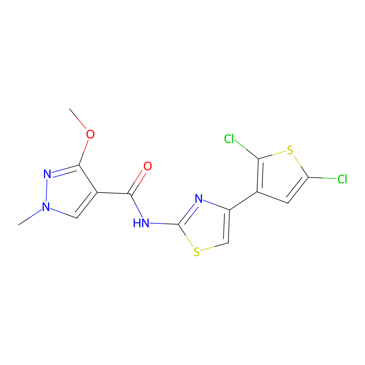N-(4-(2,5-dichlorothiophen-3-yl)thiazol-2-yl)-3-methoxy-1-methyl-1H-pyrazole-4-carboxamide molecular structure, CAS 1207050-29-0