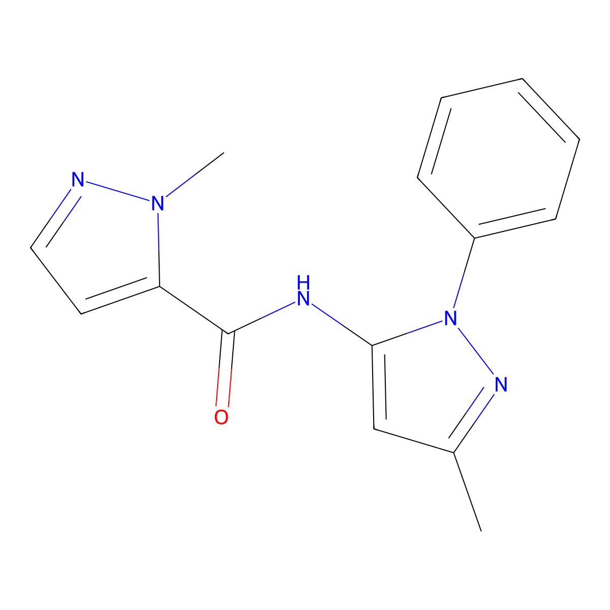 1-methyl-N-(3-methyl-1-phenyl-1H-pyrazol-5-yl)-1H-pyrazole-5-carboxamide molecular structure, CAS 1207050-32-5