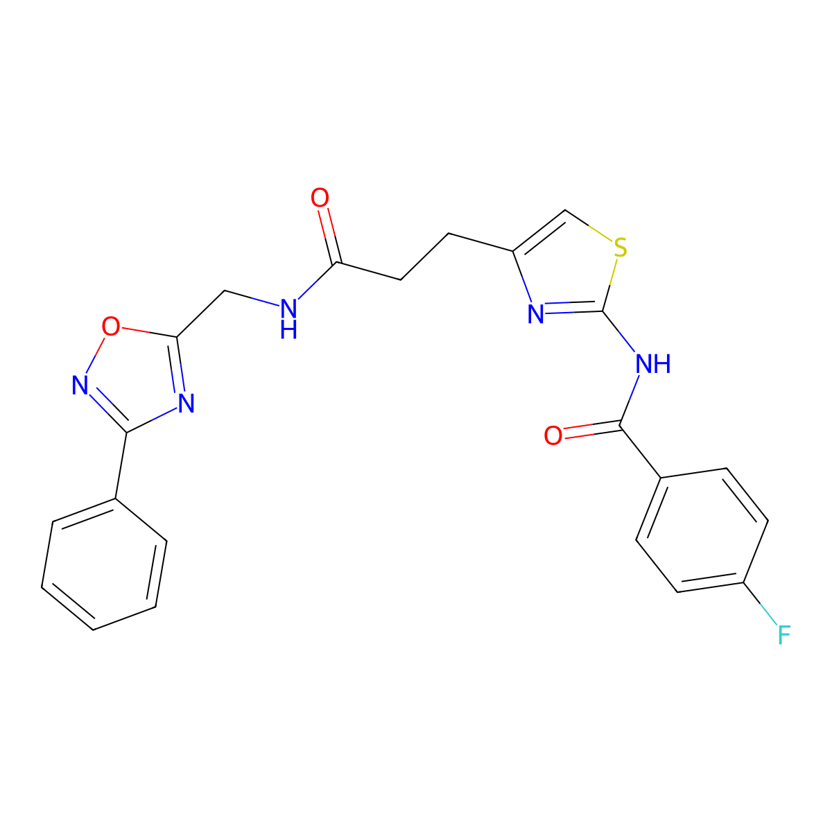 4-fluoro-N-(4-(3-oxo-3-(((3-phenyl-1,2,4-oxadiazol-5-yl)methyl)amino)propyl)thiazol-2-yl)benzamide molecular structure, CAS 1207050-41-6