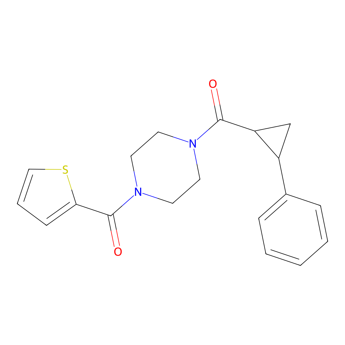1-(2-Phenylcyclopropanecarbonyl)-4-(thiophene-2-carbonyl)piperazine molecular structure, CAS 1207050-47-2