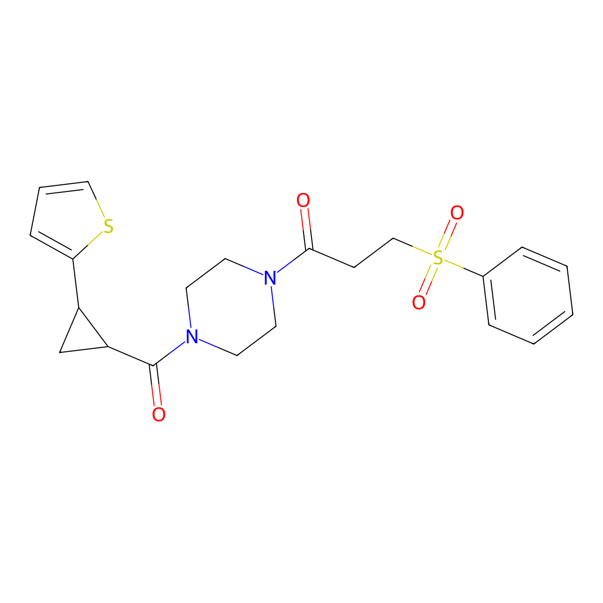 3-(Phenylsulfonyl)-1-(4-(2-(thiophen-2-yl)cyclopropanecarbonyl)piperazin-1-yl)propan-1-one molecular structure, CAS 1207050-50-7