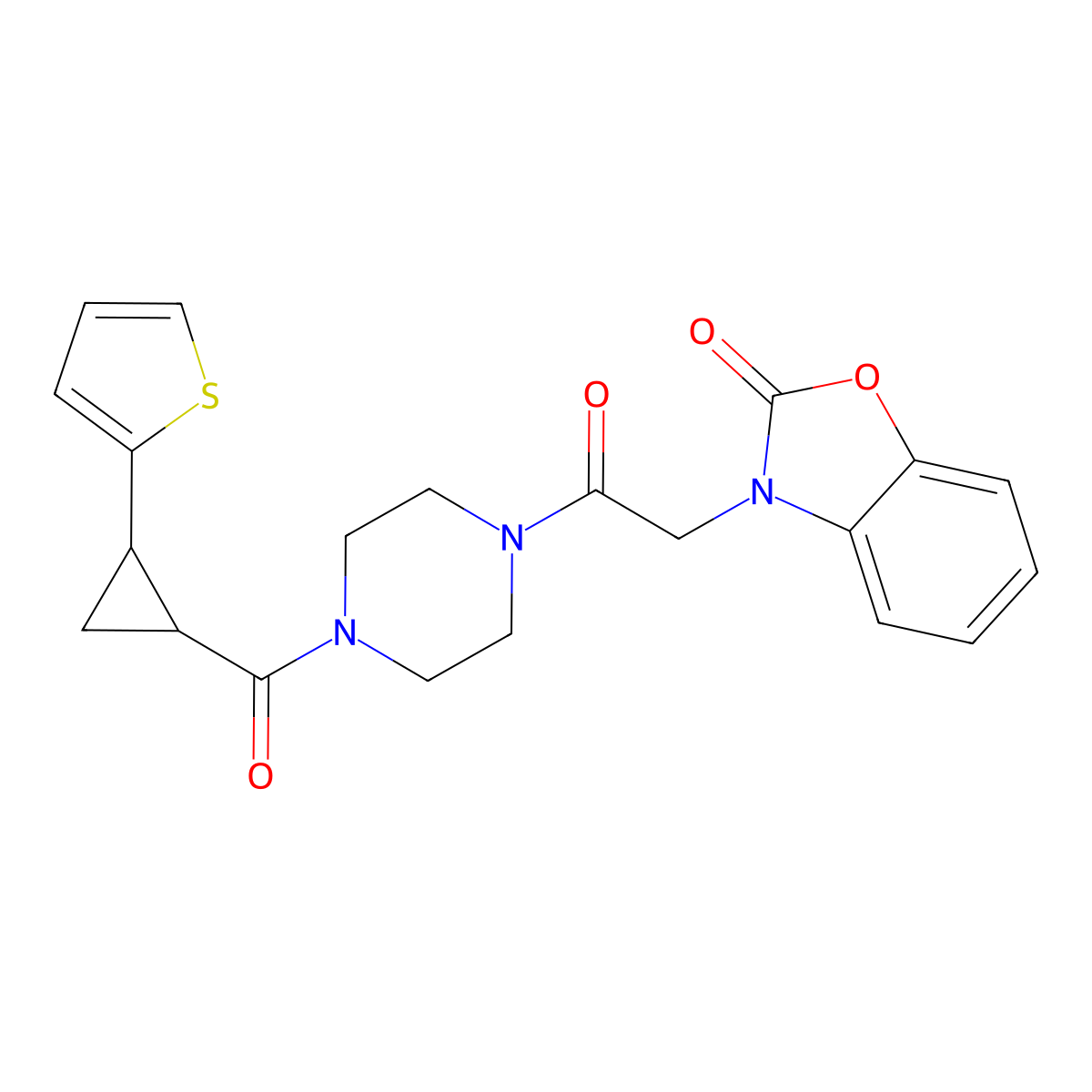 3-(2-oxo-2-(4-(2-(thiophen-2-yl)cyclopropanecarbonyl)piperazin-1-yl)ethyl)benzo[d]oxazol-2(3H)-one molecular structure, CAS 1207050-56-3